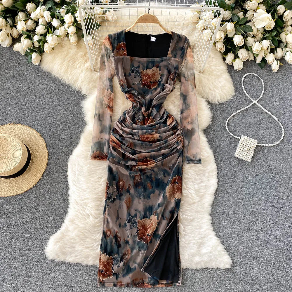 Elegant High Waist Fashion Print Pleated Split Dress Long Sleeve Square Neck Vestidos Autumn Winter Pencil Dress