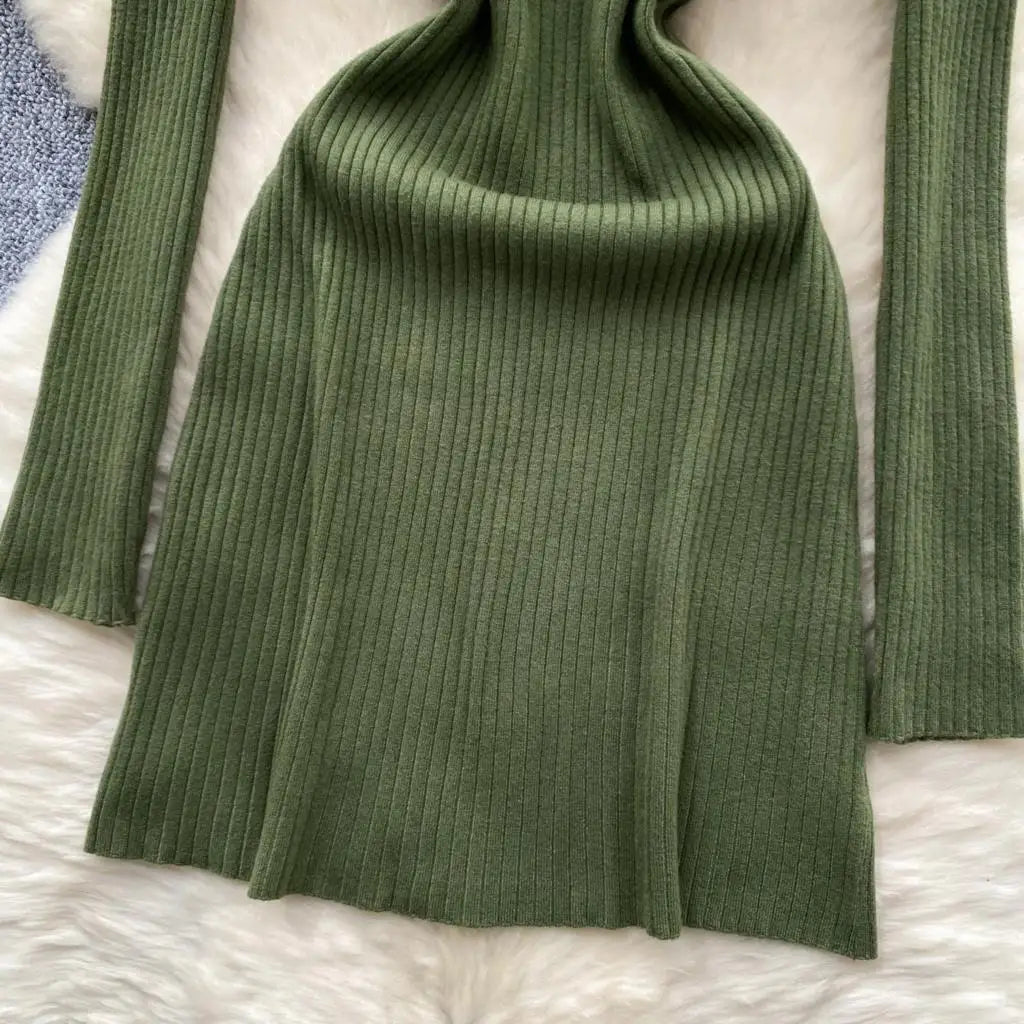 Y2k French Vintage Knitted Dress for Women Autumn Bodycon V-neck Long Sleeved Solid Simplicity Fashion Causal A-line Dresses