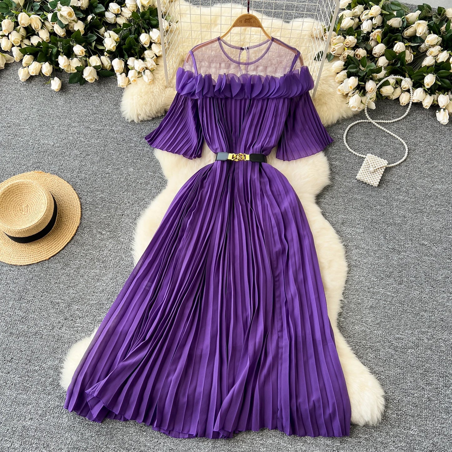 French mesh PATCHWORK Three-dimensional flower Sweet Dress Women Summer Waist Cinching pleated chiffon Dresses