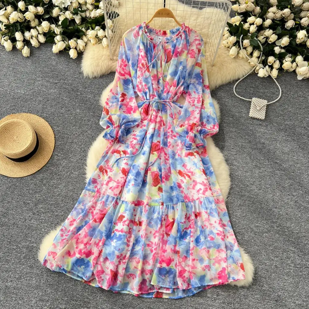 Elegant Floral Print Party Dress for Women French O-Neck Embroidered Flares Lace Up Lantern Long Sleeves Chiffon Long Dresses