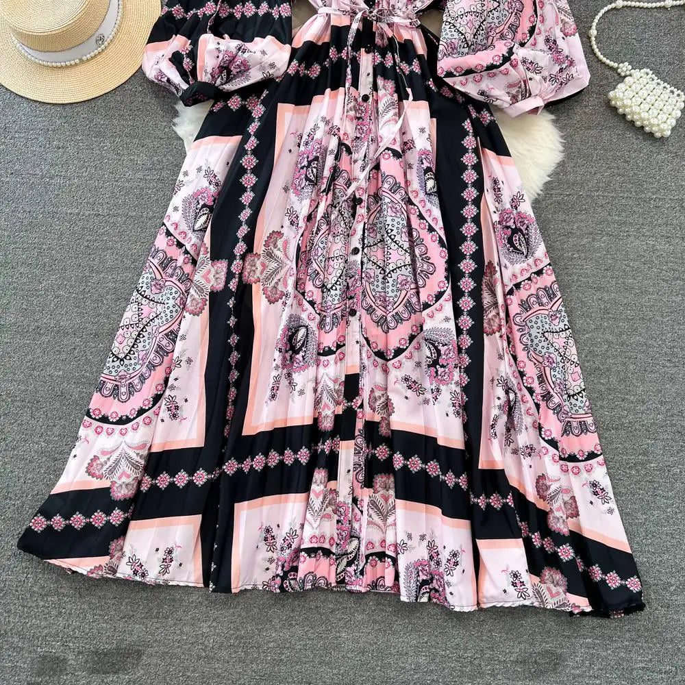 Elegant Women Casual Floral Print Party Dress Vintage Lantern Sleeve A-Line Pleated Prom Birthday Clothes Female Fashion Robe