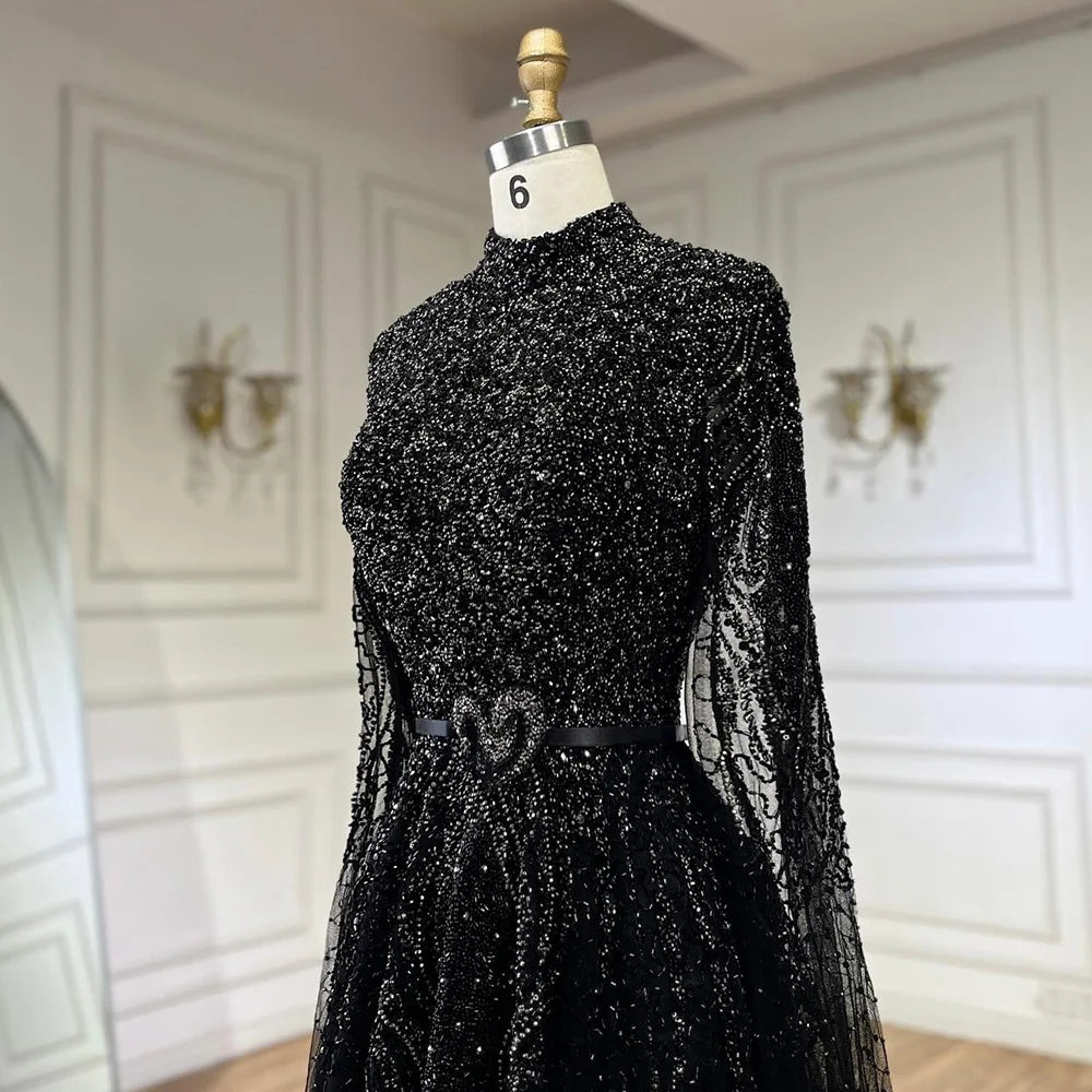 Serene Hill Blue A-Line High-end Beaded Luxury Cape Sleeves Evening Dresses Gowns 2024 For Woman Party Plus Size LA70066B