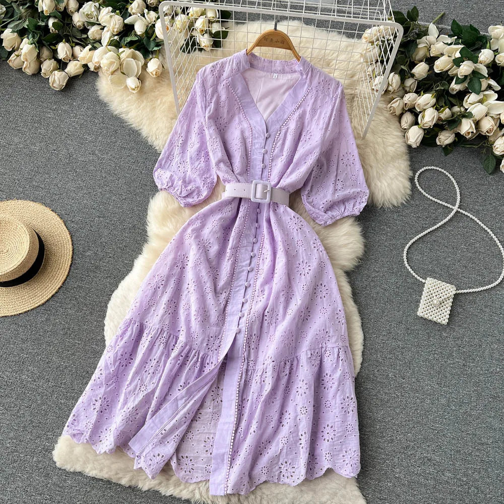 Summer V-neck Hollow Out Dress Women Bubble Sleeves Loose Embroidered Ruffle Edge Long Dresses Ladies Elegant Casual Long Robe