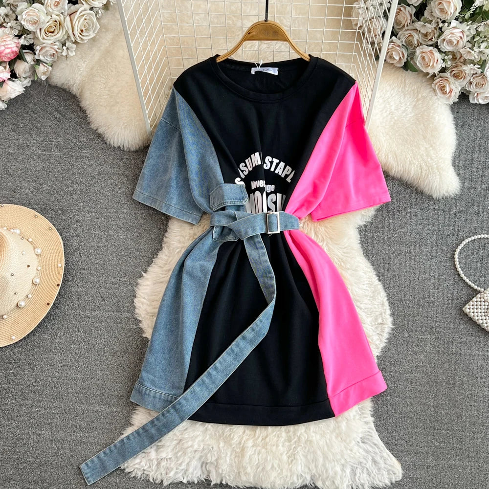 Women Summer Casual T Shirt Short Sleeve Streetwear Patchwork Denim Long Shirts Female O-neck Slim Jeans Tops