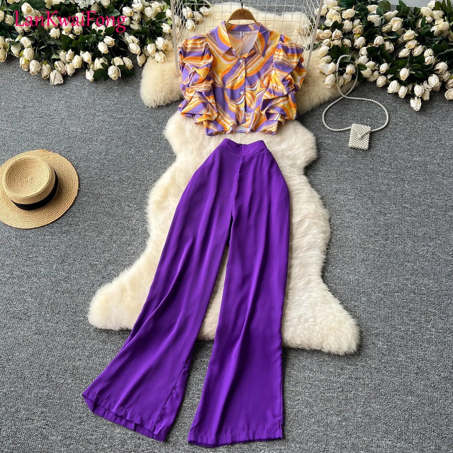 LKF Elegant Fashion Vacation Women's Set Short Lotus Leaf Sleeve Printed Button Up Shirt+High Waist Wide Leg Pants Two Piece Set