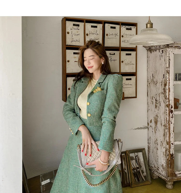 Elegant Temperament Two-Piece Set Tweed for Women Short Blazer Jacket +High Waist Swing Skirt Suits Green Korean Outfits