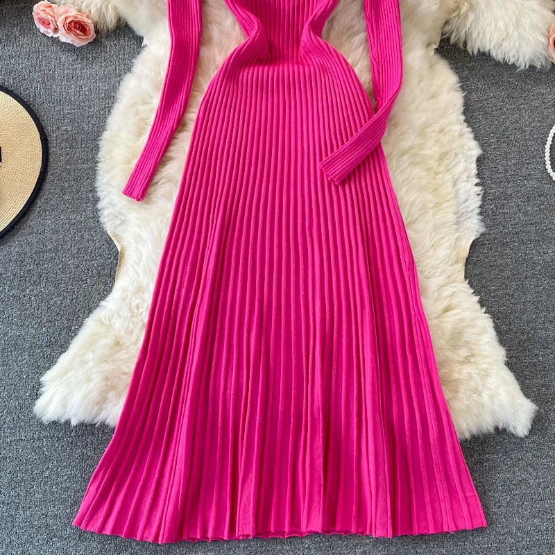 Women Chic Turtleneck Long Sleeve Sexy A-line Sweater Dress Vintage Korean Fashion Knit Vestido Elegant Autumn Winter Knitwear