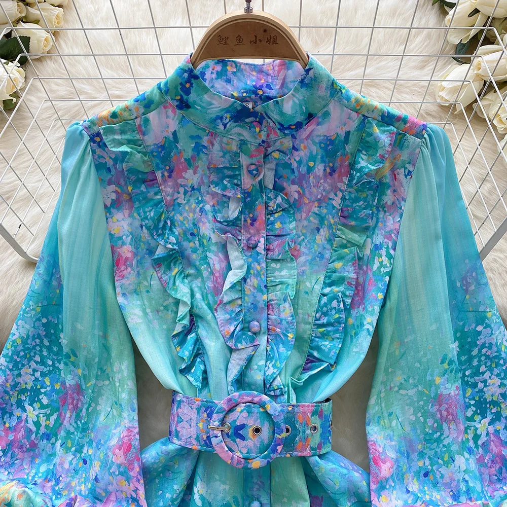 Mini Dresses For Women Frill Trim Long Sleeve Spring Vacation Dress Stand Collar Elegant Vintage Floral Print Dress With Belt