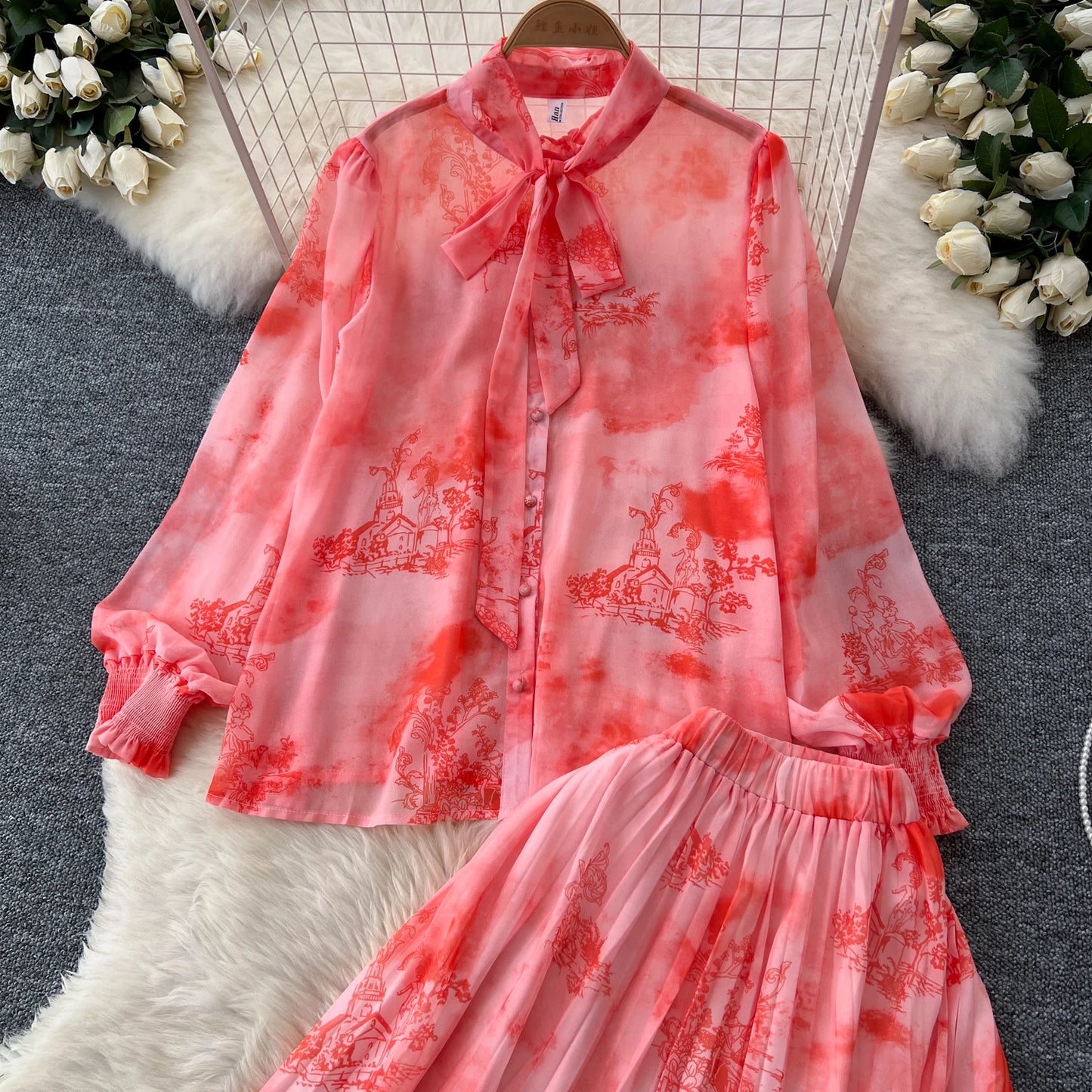 Women Chic Print Sweet Two Pieces Sets Bow Lantern Long Sleeve Top High Waitst Wide Skirt Fashion Summer Sets