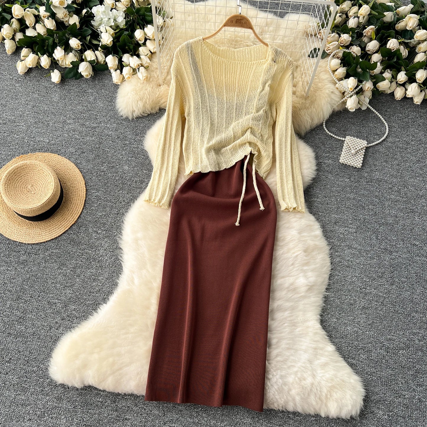 French Vintage Shirring lool sleeve slip knit overcoat with sweet slip A-line Chic Casual Vacation Women Summer dresses