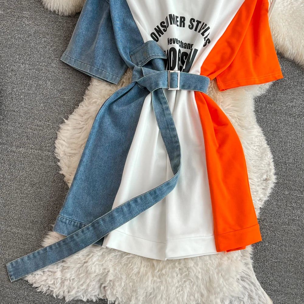 Women Summer Casual T Shirt Short Sleeve Streetwear Patchwork Denim Long Shirts Female O-neck Slim Jeans Tops