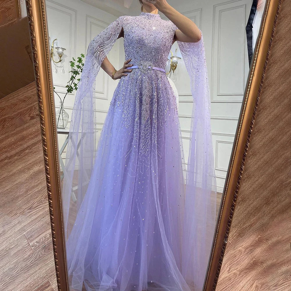 Serene Hill Blue A-Line High-end Beaded Luxury Cape Sleeves Evening Dresses Gowns 2024 For Woman Party Plus Size LA70066B