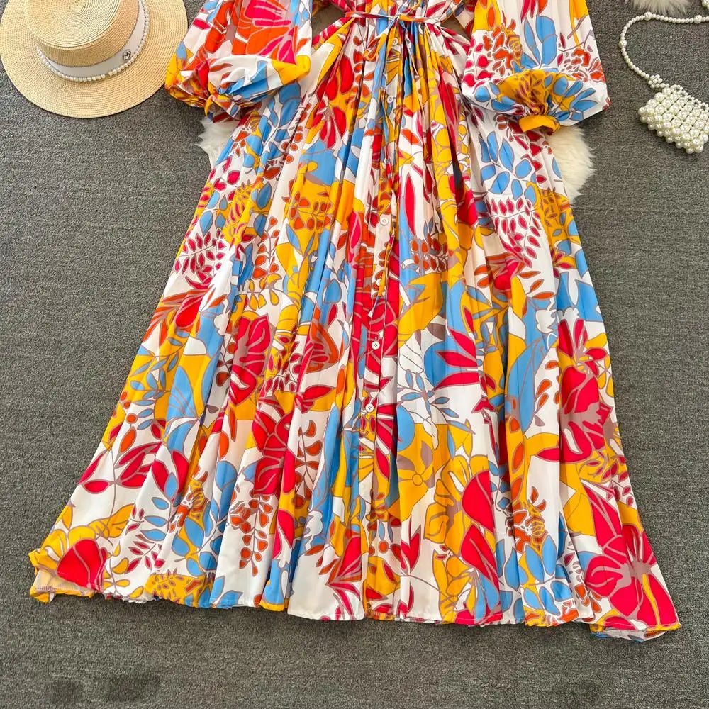 Elegant Women Casual Floral Print Party Dress Vintage Lantern Sleeve A-Line Pleated Prom Birthday Clothes Female Fashion Robe