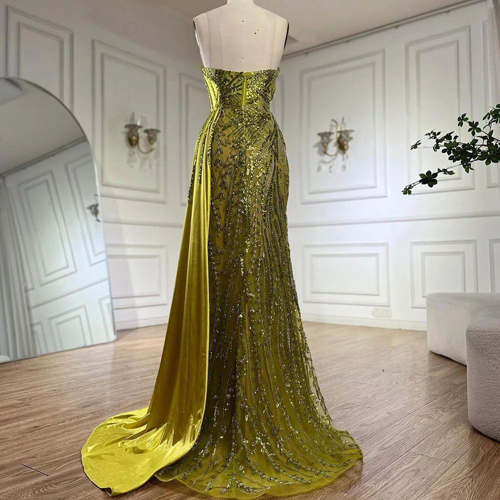 Serene Hill 2024 Arabic Nude Strapless Satin Mermaid Beaded Luxury Dubai Evening Gown with Side Skirt for Women's Party BLA72665