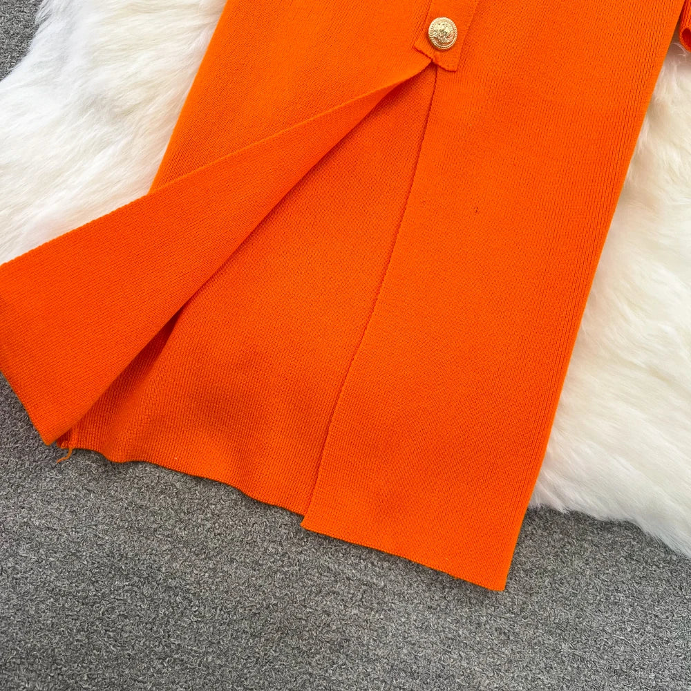 Women Elegant Butterfly Long Sleeve Bodycon V Neck Split Dress Vintage French Slim Knit Tight Vestido Autumn Winter Sweater Robe