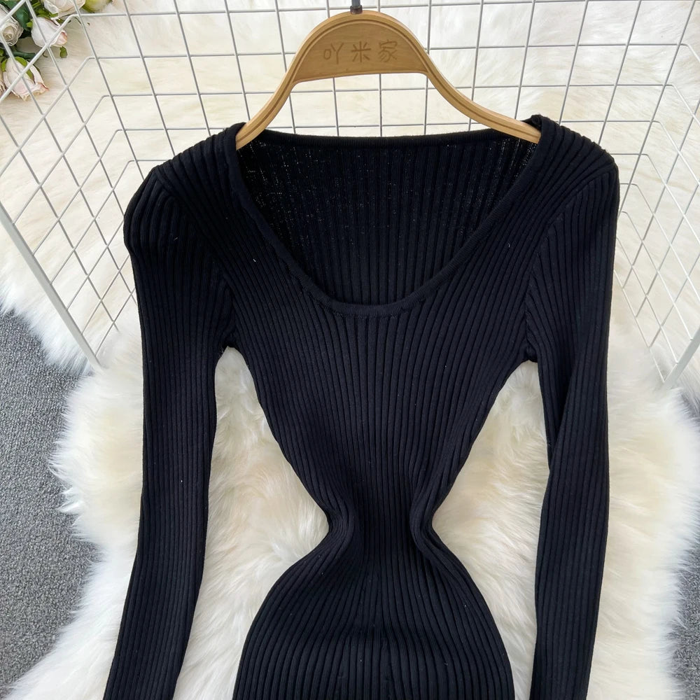Women Chic Elegant Long Sleeve Bodycon Vneck Dress Sexy French Fashion Knit Wrap Vestidos Elastic Slim Pencil Sweater Dress