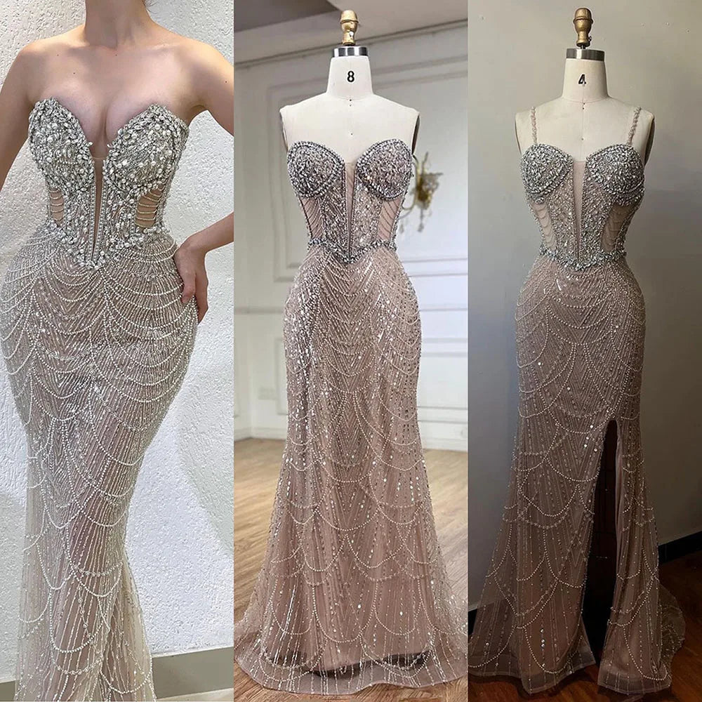 Serene Hill Nude Strapless Mermaid Luxury Evening Dresses Gowns And Beaded Design Arabic 2024 For Women Wedding Party LA72249