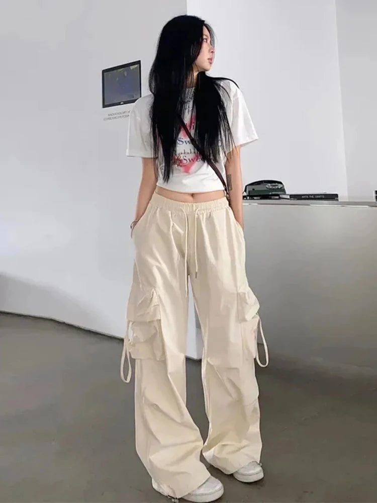 Women's High Waist Cargo Pants with Multiple Pockets Trendy Solid Color Streetwear Y2K Spring Autumn New Loose Wide Leg Trousers