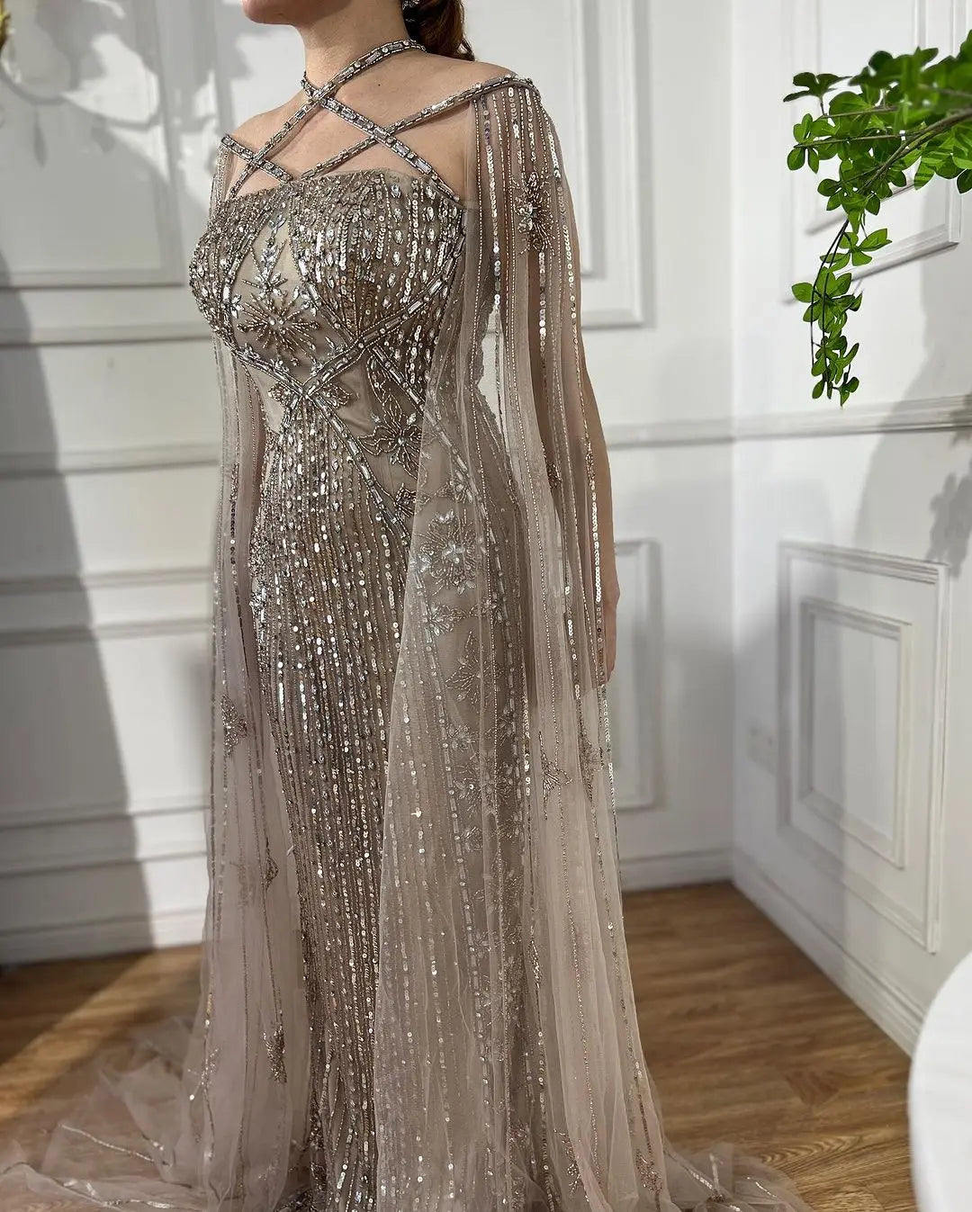 SERENE HILL Arabic Caramel Mermaid Elegant Cape Sleeves Beaded Luxury Evening Dresses 2024 Formal Gown For Women Party GLA71905A