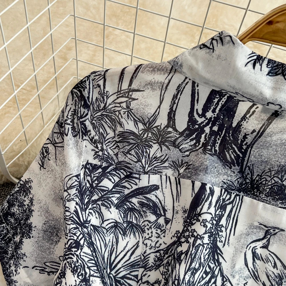 Summer Retro Shirt Dress Women Short Sleeved Lapel Single Breasted A-line Print Long Dresses Ladies Elegant Party Long Robe