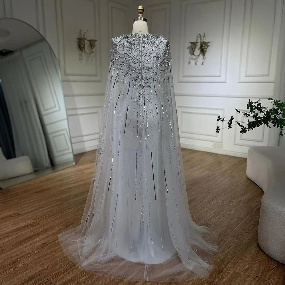 Serene Hill Turquoise Mermaid Evening Dresses Gowns 2024 with Beaded Cape Sleeves Design for Women's Wedding Party BLA72168A