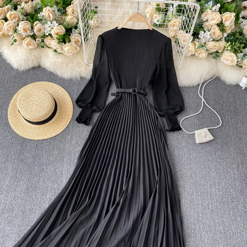 Chic Pleated Elegant Puff Sleeve Dress A-line Chiffon High Waist Belt Beach Vacation Party Dress Women Summer Spring Vestidos