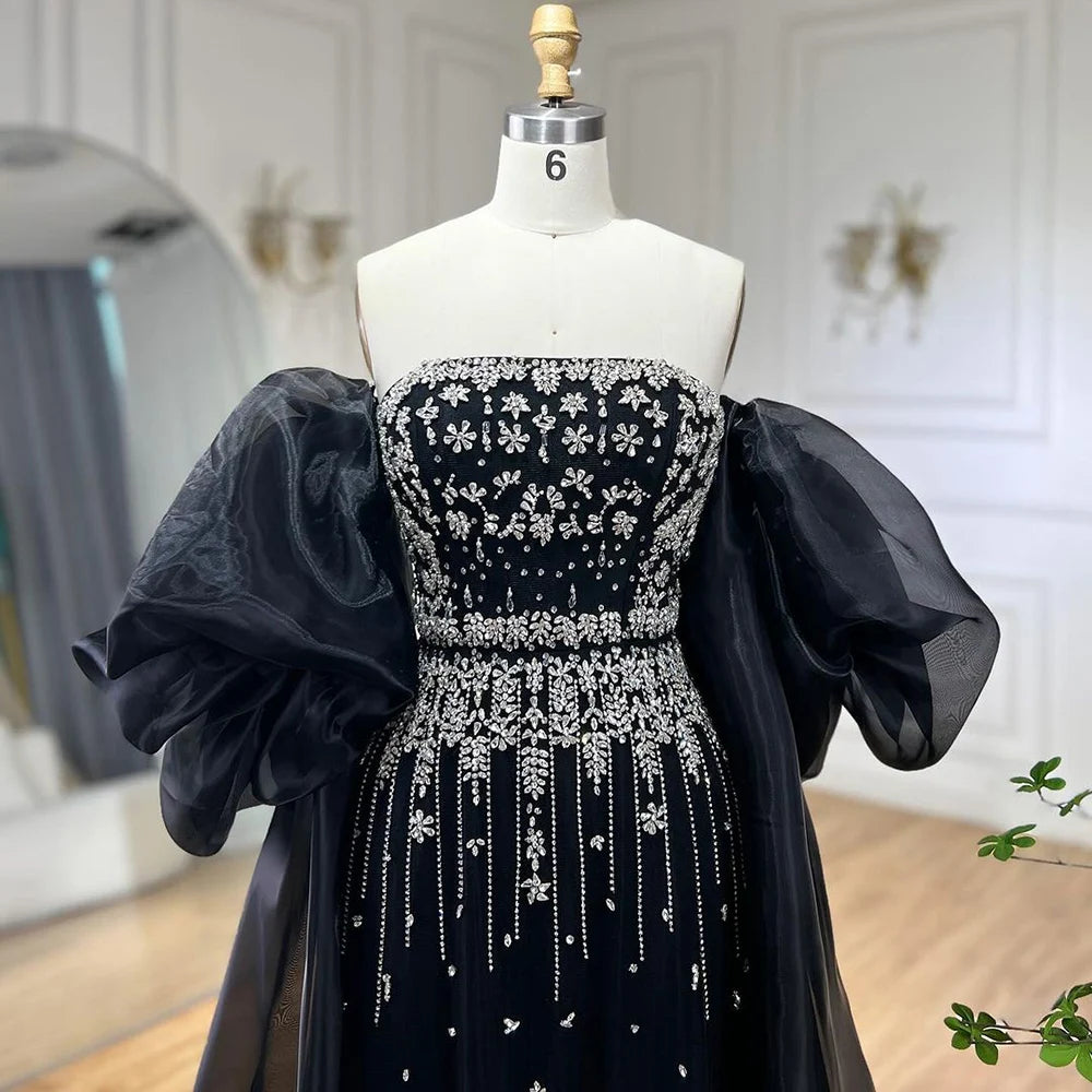 Serene Hill Black Sexy Off the Shoulder Puff Sleeves Evening Dresses Beaded Overskirt Mermaid Party Gown For Women 2023 BLA72002