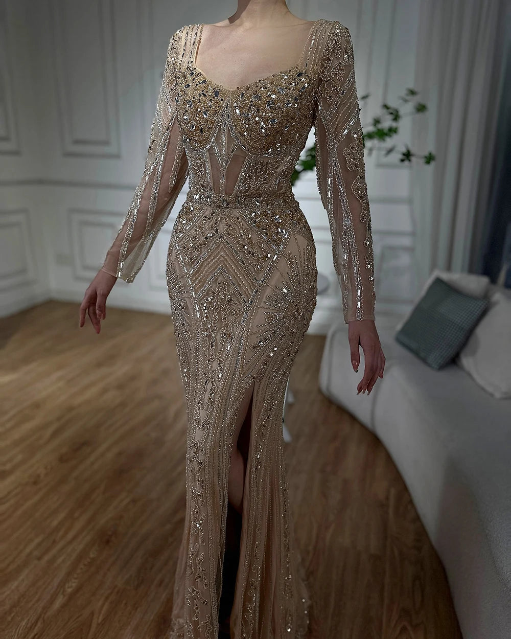 Serene Hill 2024 Women Wedding Parties Dubai Arabia Luxury Beaded Evening Dresses Gowns Green Elegant Split Mermaid LA72518