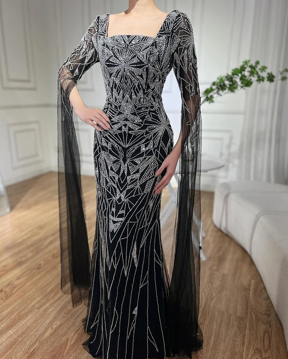 Serene Hill 2024 Arabic Nued Cape Sleeves Mermaid Saudi Evening Dresses Beaded Luxury Party Gowns for Formal Occasion LA72261B