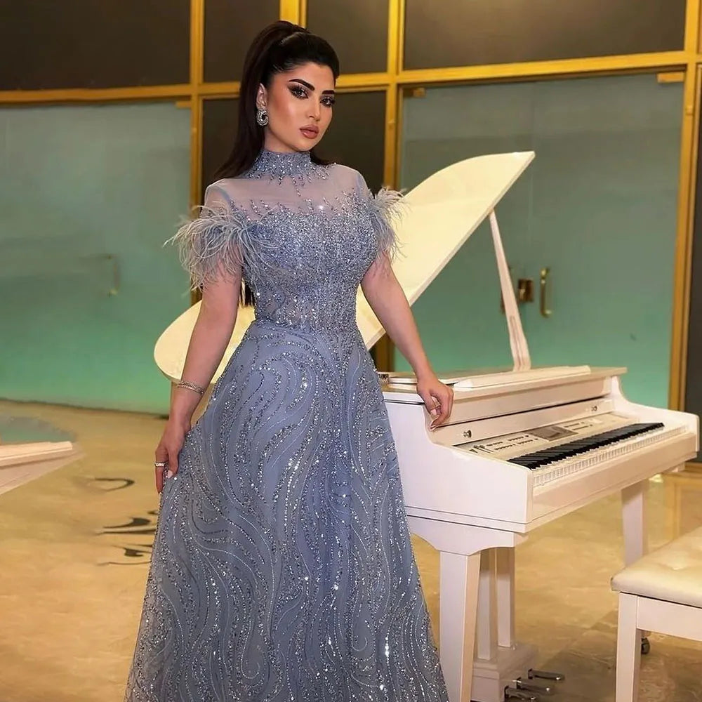 Serene Hill 2024 Arabic blue A Line Short Sleeveless Luxury Evening Dresses Beaded Feathers For Women Wedding Party LA72351