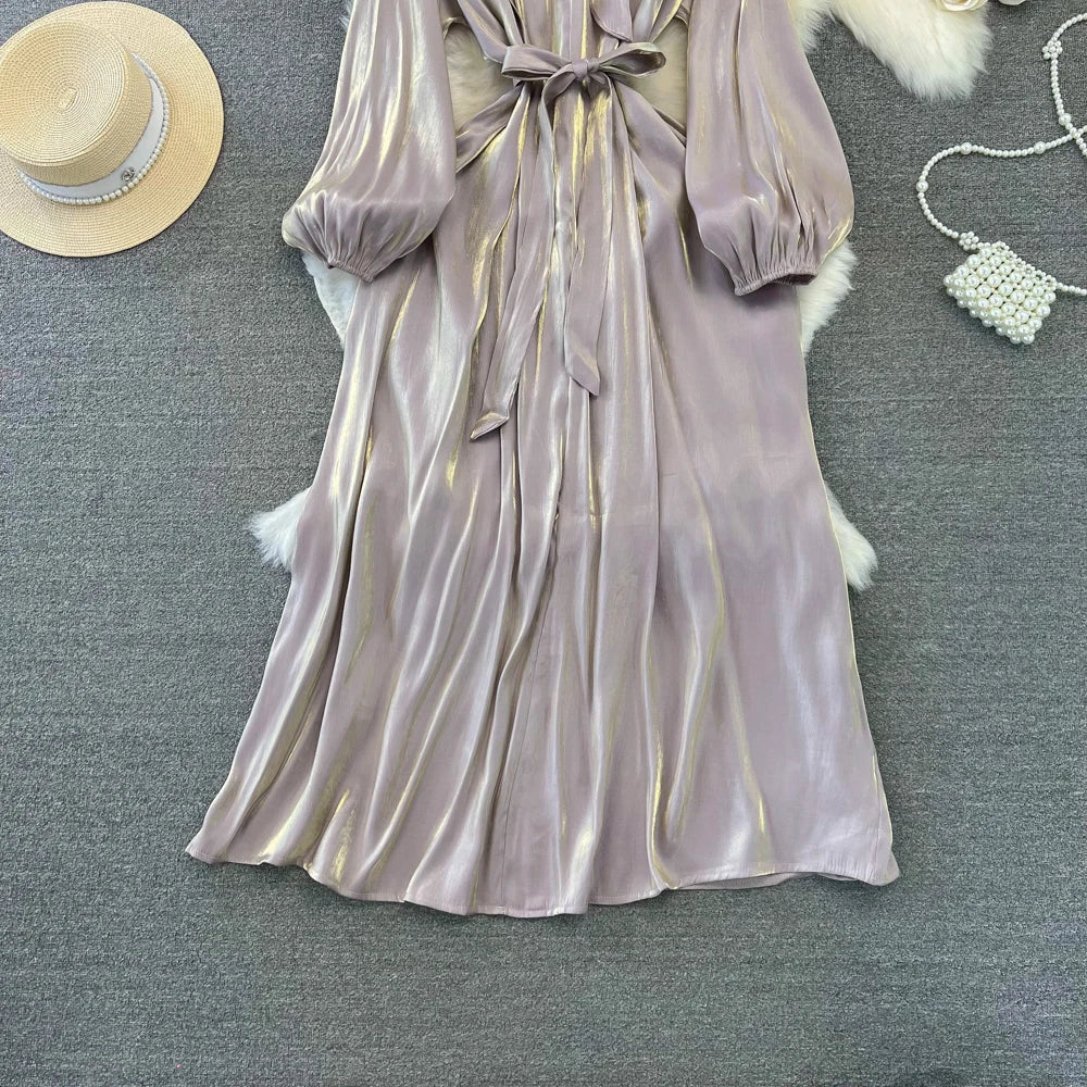 Autumn Elegant Women Fashion Party Long Dress Bow Lace Up Long Sleeve Evening Dresses A-Line Casual Vestidos One Piece Prom Robe