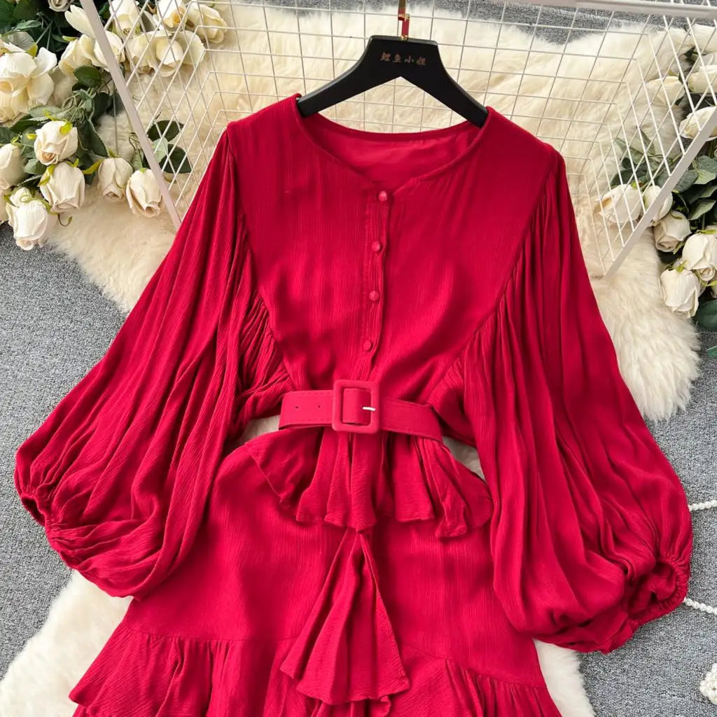 Vintage Puff Sleeve Ruffle Dress Women O-Neck A-Line Elegant Casual Party Prom Dresses Korean Autumn Fashion Female Vestidos New