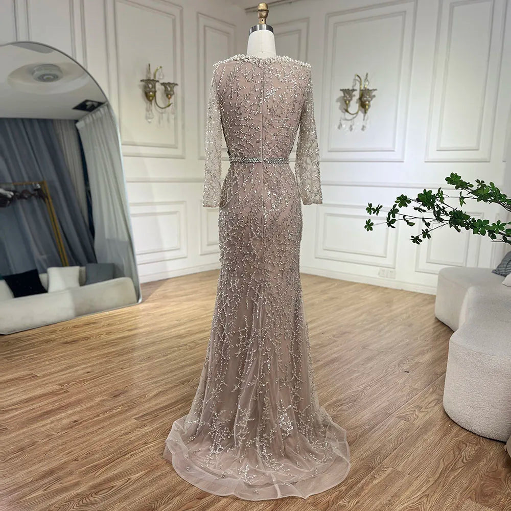 Serene Hill Dubai Luxury Pearls Beaded Nude Elegant Arabic Mermaid Evening Dress for Women - Wedding Party 2024 LA72361