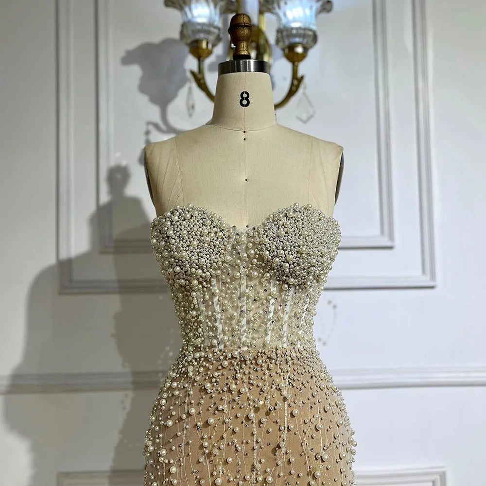 Serene Hill 2024 Arabic White Nude Mermaid Gown Pearls Beading High Split Luxury Dubai Evening Dress for Women's Party LA72544