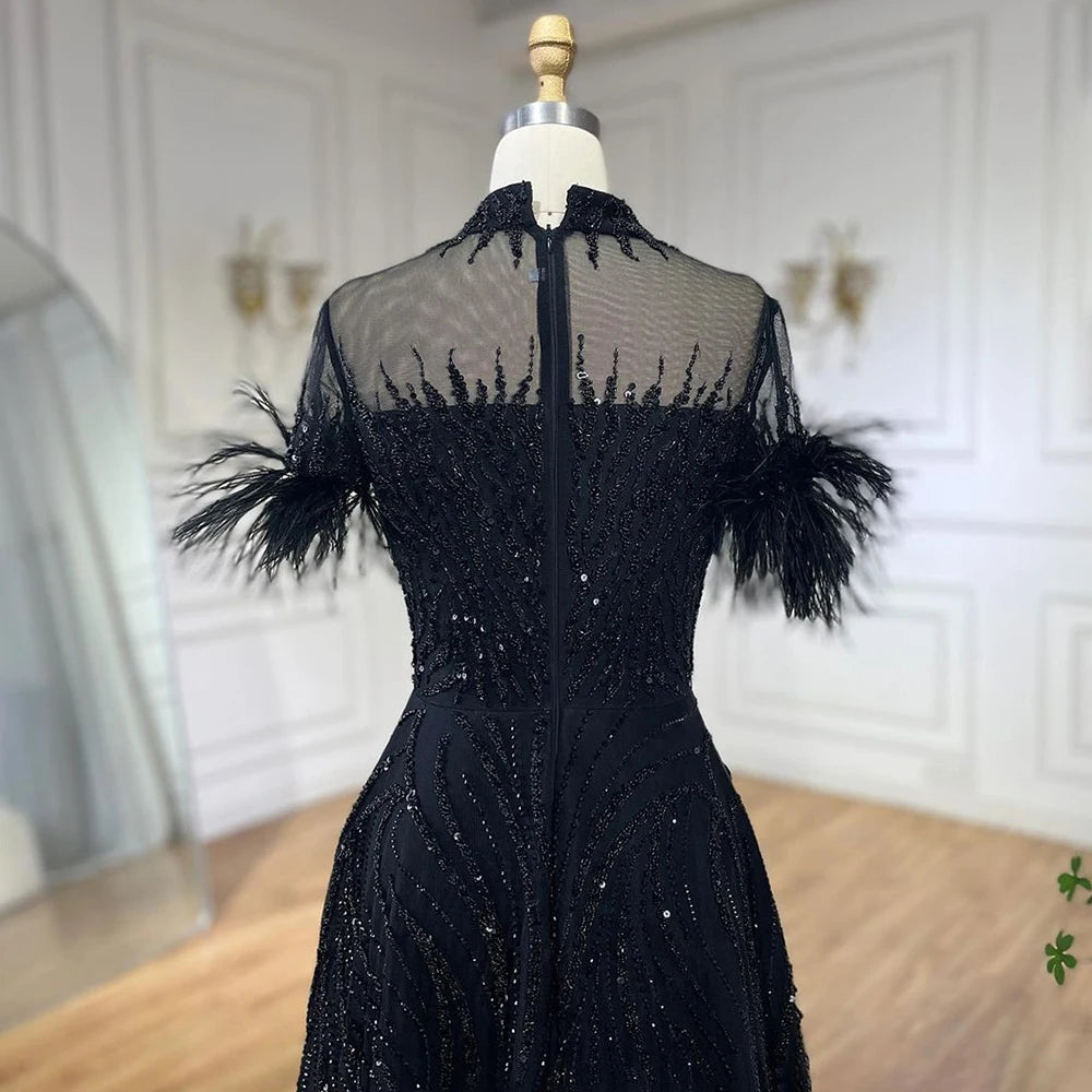 Serene Hill 2024 Arabic blue A Line Short Sleeveless Luxury Evening Dresses Beaded Feathers For Women Wedding Party LA72351