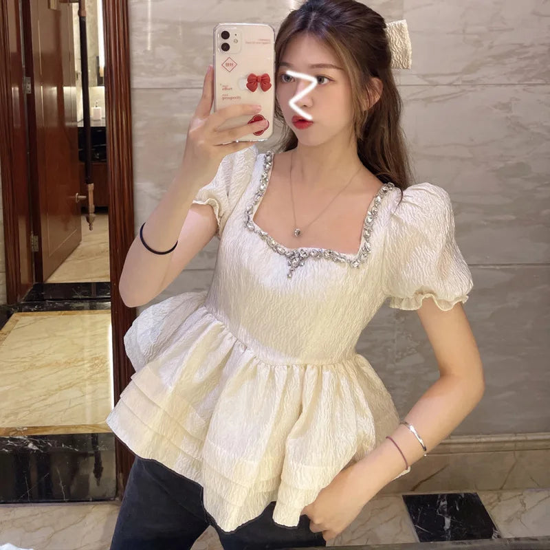 Luxury Diamond Square Neck Bubble Sleeves Wrapped Waist Chiffon Shirt Top Women's Summer Ruffle Edge Pleated Short sleeved Tops