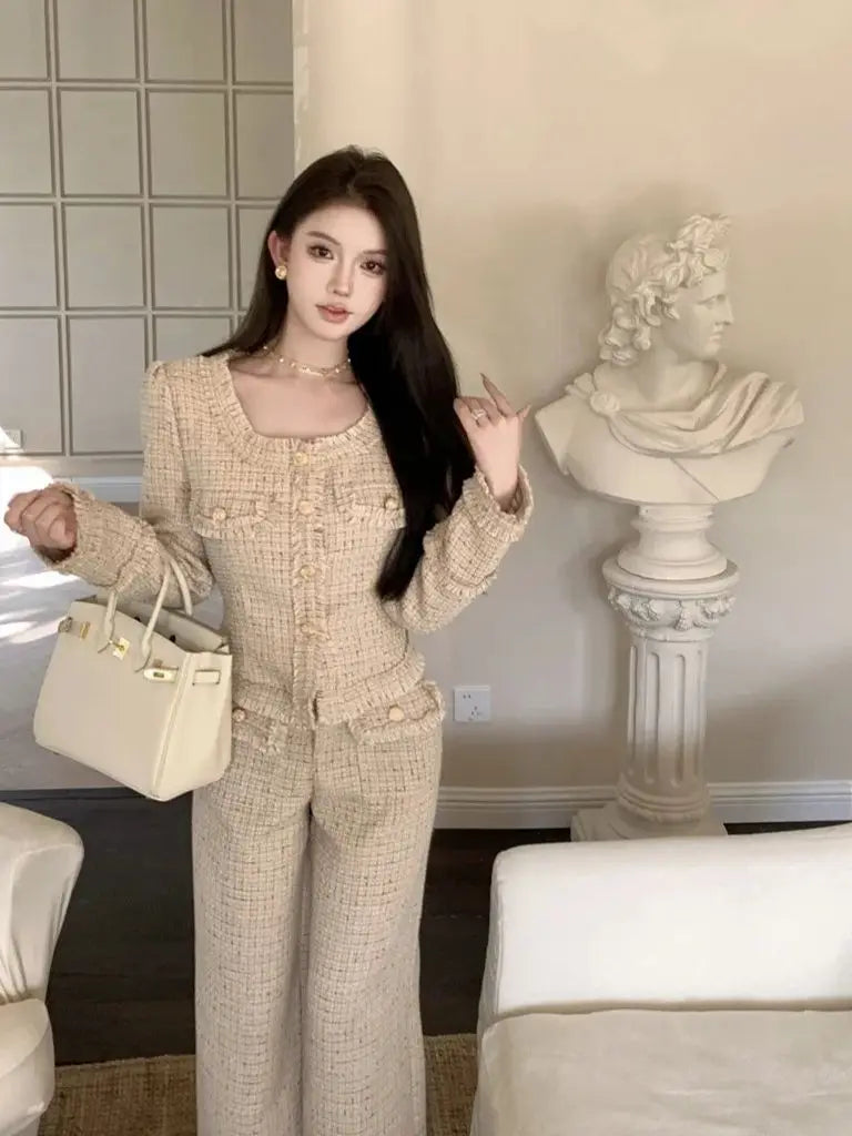 Women's Luxury Slim Tweed Pants Suits High Waist Long Trousers+Square Collar Cropped Coat Elegant 2 Piece Set Female Outfits