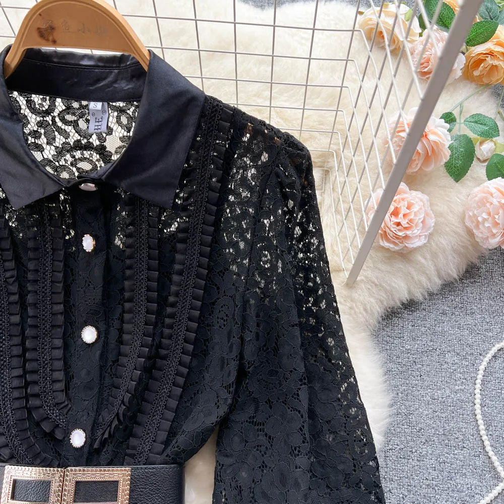 Elegant Chic Lace Hook Flower Hollow Long Sleeve Lapel Dress Party A-line Vestidos High Waist Basic Women Autumn Winter Dress