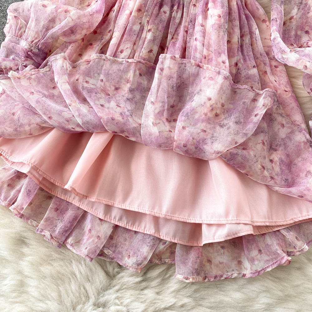 Vintage Floral Print Pleated Elegant Puff Sleeve Dress A-line Chiffon Beach Vacation casual Dress Women Summer Spring Vestidos