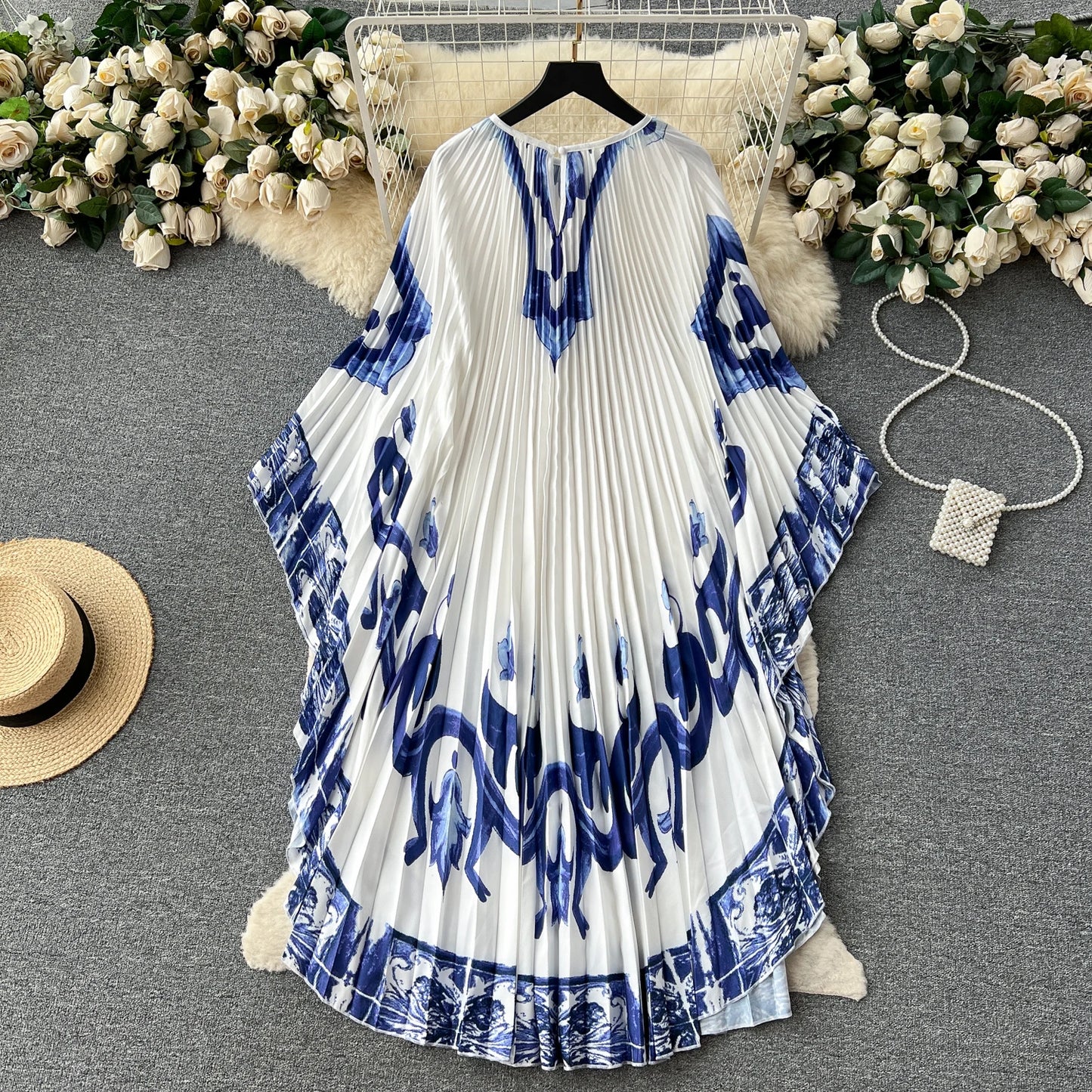 Vintage Print Elegant O-neck Batwing Sleeve Dress A-line Casual Belt Fashion Dress Women Fashion Summer Spring Vestidos