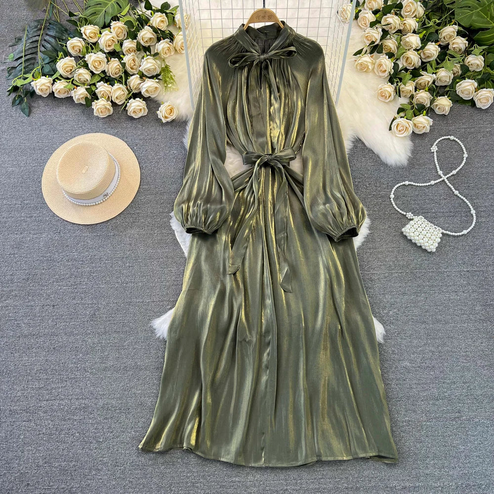 Autumn Elegant Women Fashion Party Long Dress Bow Lace Up Long Sleeve Evening Dresses A-Line Casual Vestidos One Piece Prom Robe