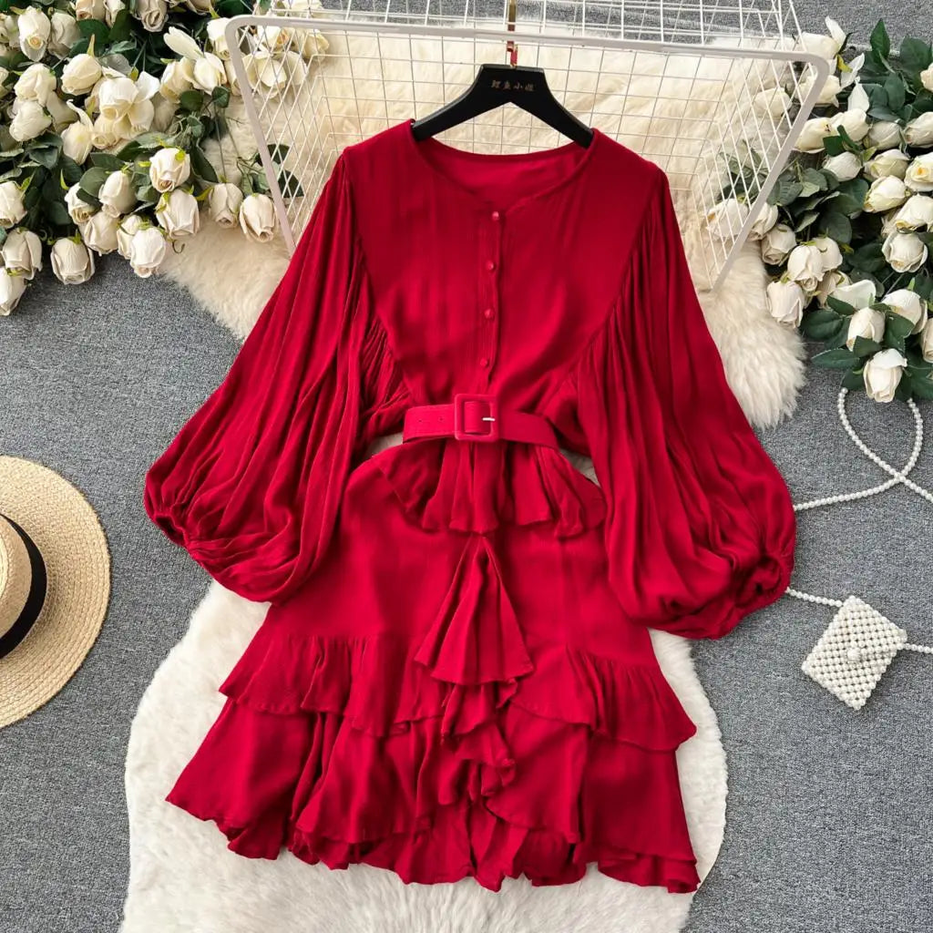 Vintage Puff Sleeve Ruffle Dress Women O-Neck A-Line Elegant Casual Party Prom Dresses Korean Autumn Fashion Female Vestidos New