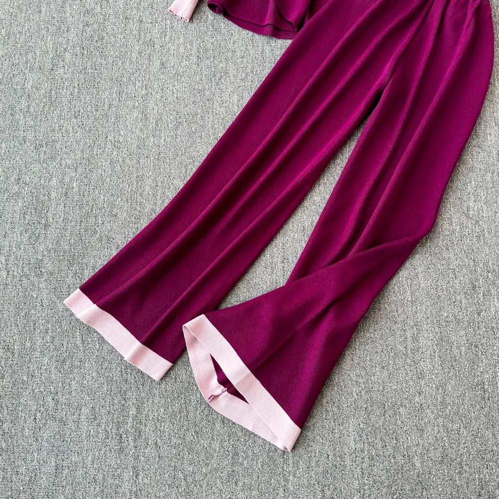 Chic Women Two-Piece Sets Long Lantern Sleeve Chic Bandage O-neck Slim Top and High Waist Wide Leg Pants Korean Casual Clothing