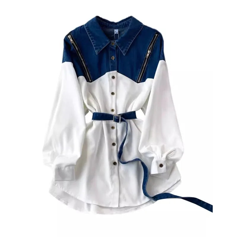 Denim Spliced Long Sleeve Shirt Coat Women Zipper Design Fashion Belt Lapel Mid Long Shirt Jacket Female Autumn Casual Blouses