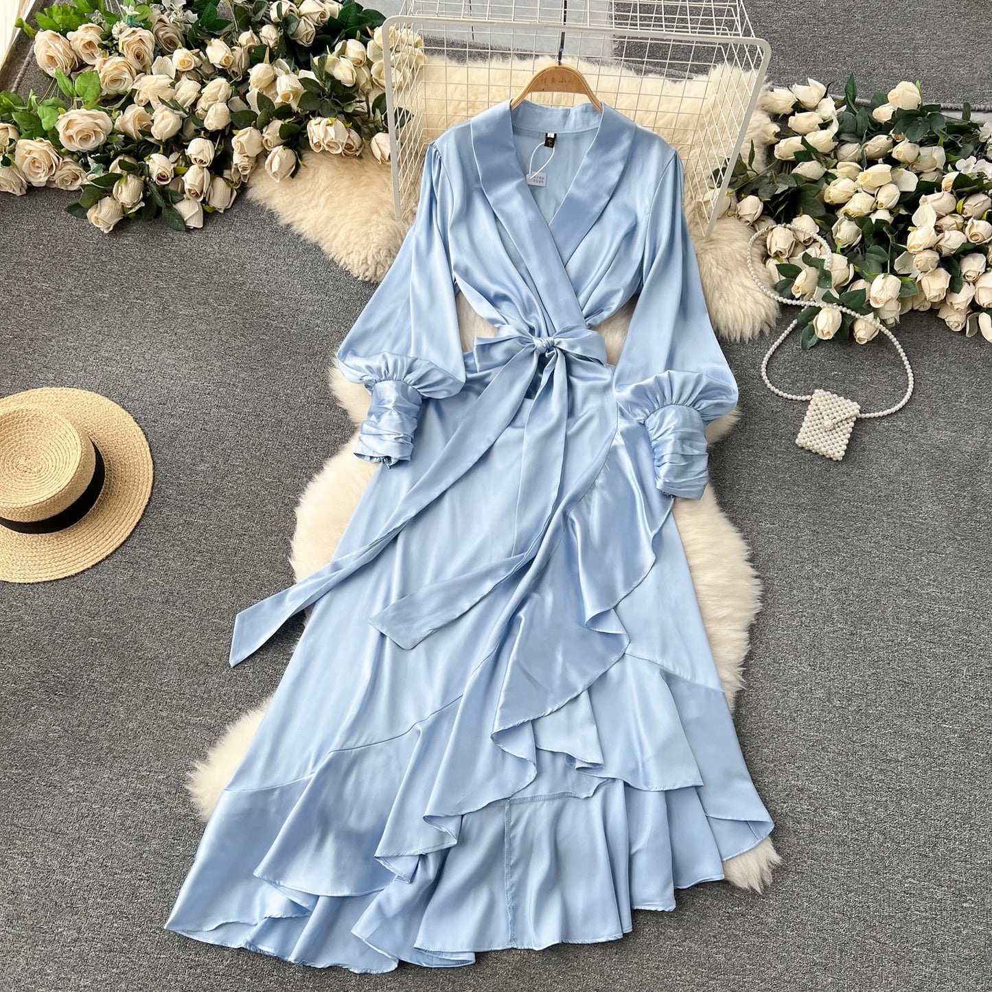 Women Elegant Satin Dress Summer Bandage High Waisted Ruffled Irregular Blazer Dresses Ladies A-line Vintage Party Long Robe