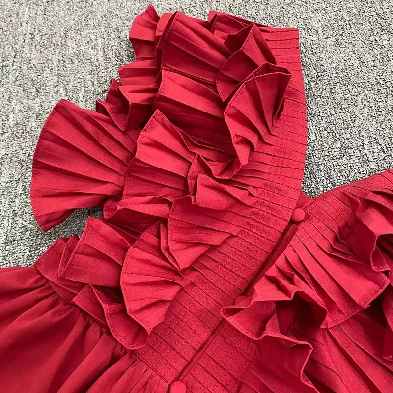 French Elegant Ruffle Edge Pleated Chiffon Short Shirt Top Women's Summer Fashion Sleeveless V-neck Single breasted Red Blouse