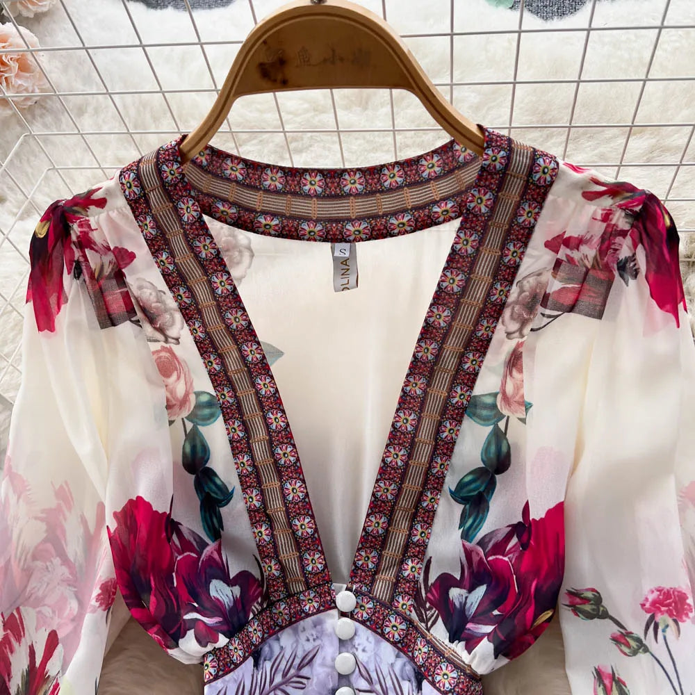 Retro Floral Print Pleated Elegant Chiffon Maxi Dress A-line Mesh V Neck Beach Vacation Party Dress Women Summer Spring Vestidos