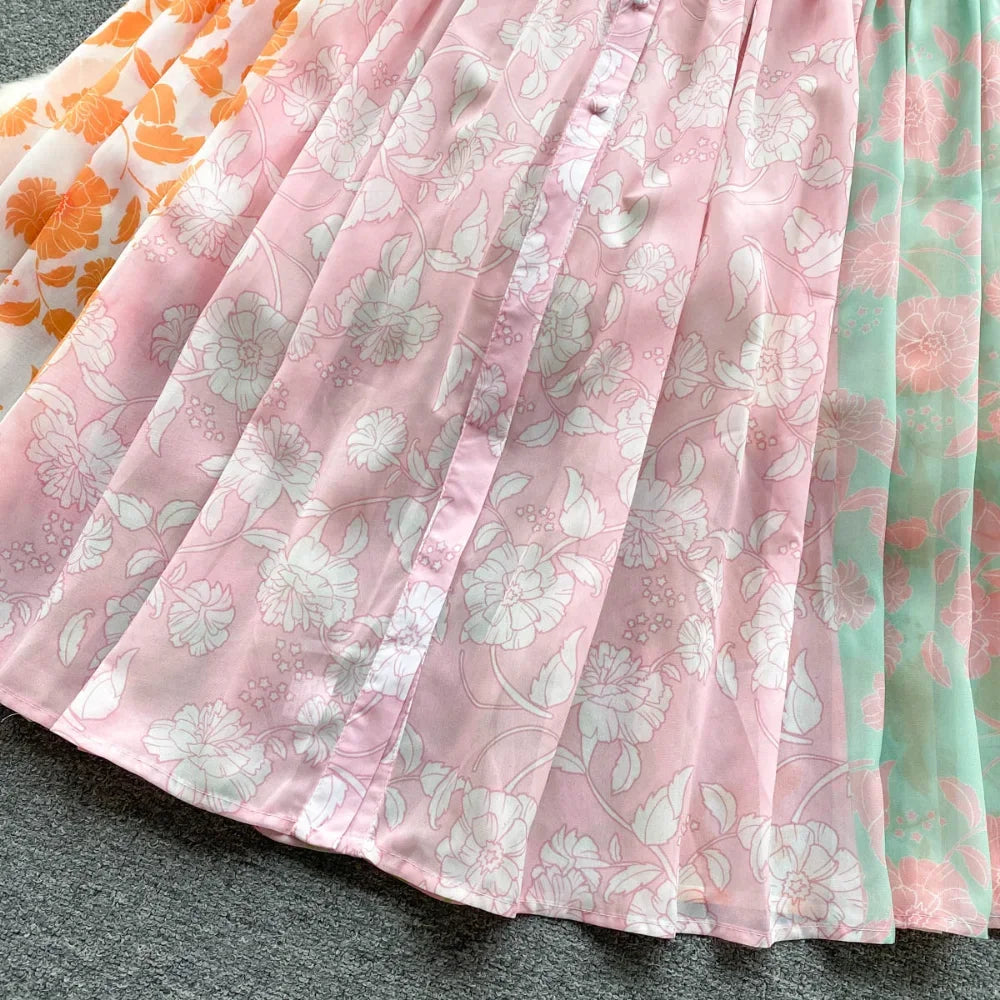 Chic Print Pleated Elegant Lantern Sleeve Dress A-line Casual Lace Up Vacation Party Dress Women Fashion Autumn Spring Vestidos