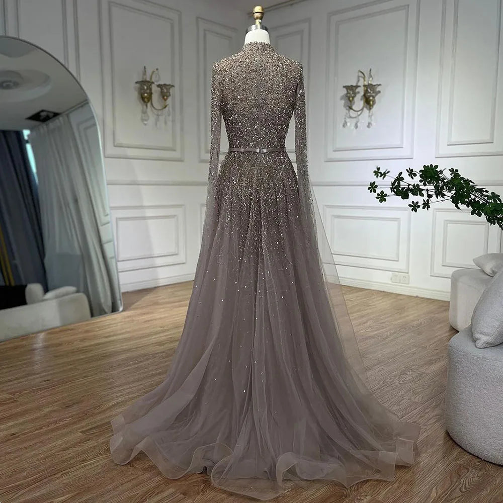 Serene Hill Blue A-Line High-end Beaded Luxury Cape Sleeves Evening Dresses Gowns 2024 For Woman Party Plus Size LA70066B