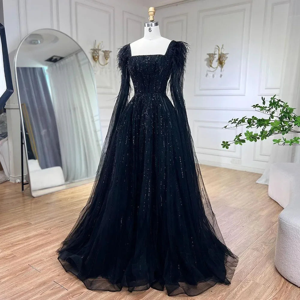 Serene Hill Luxury Dubai A Line Blue Cape Sleeves Feathers Beaded Evening Dresses Gowns 2023 For Women Wedding Party BLA72236